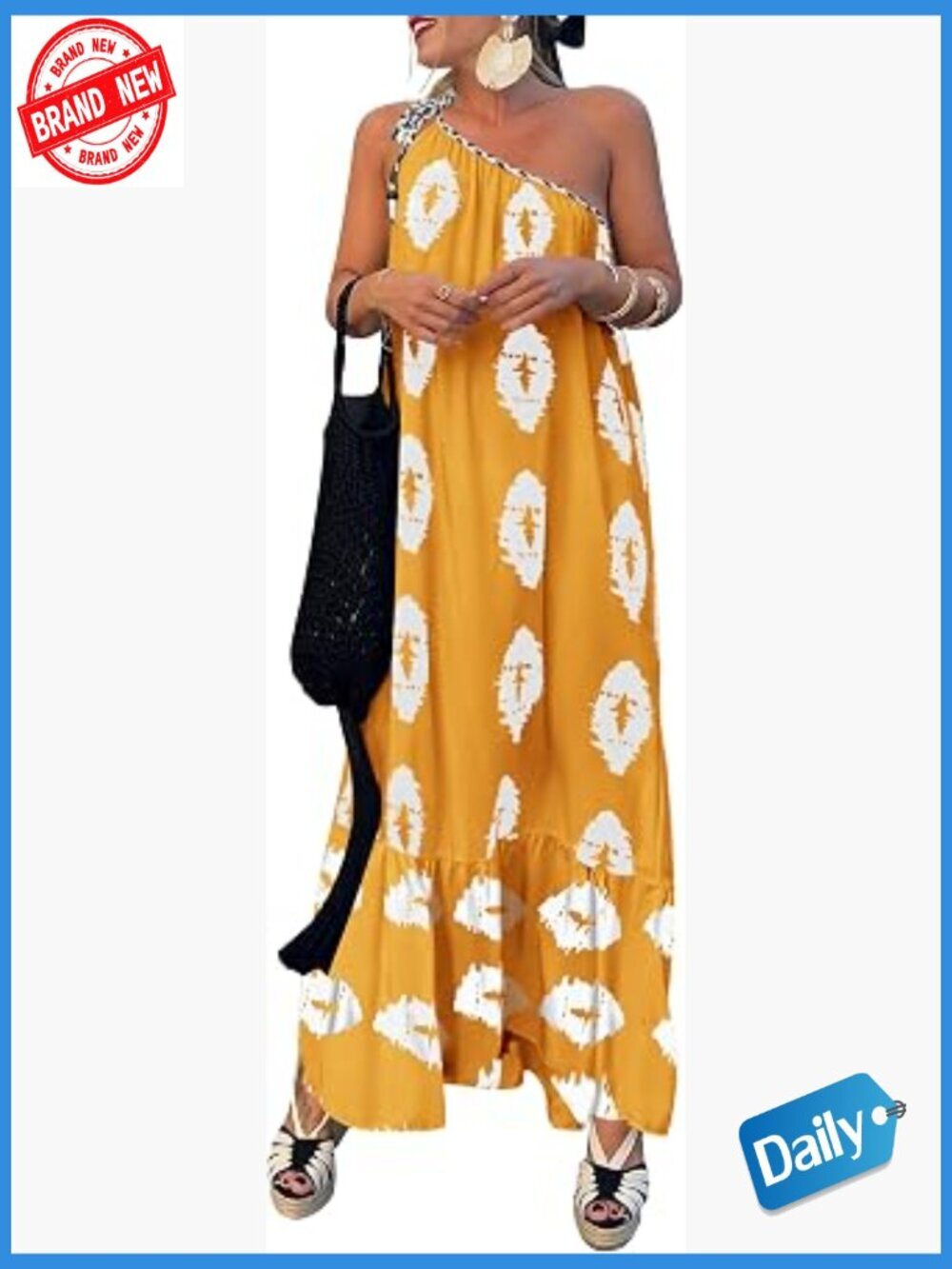 One Shoulder Maxi Dress Flowy Boho Long Sundress with Pockets